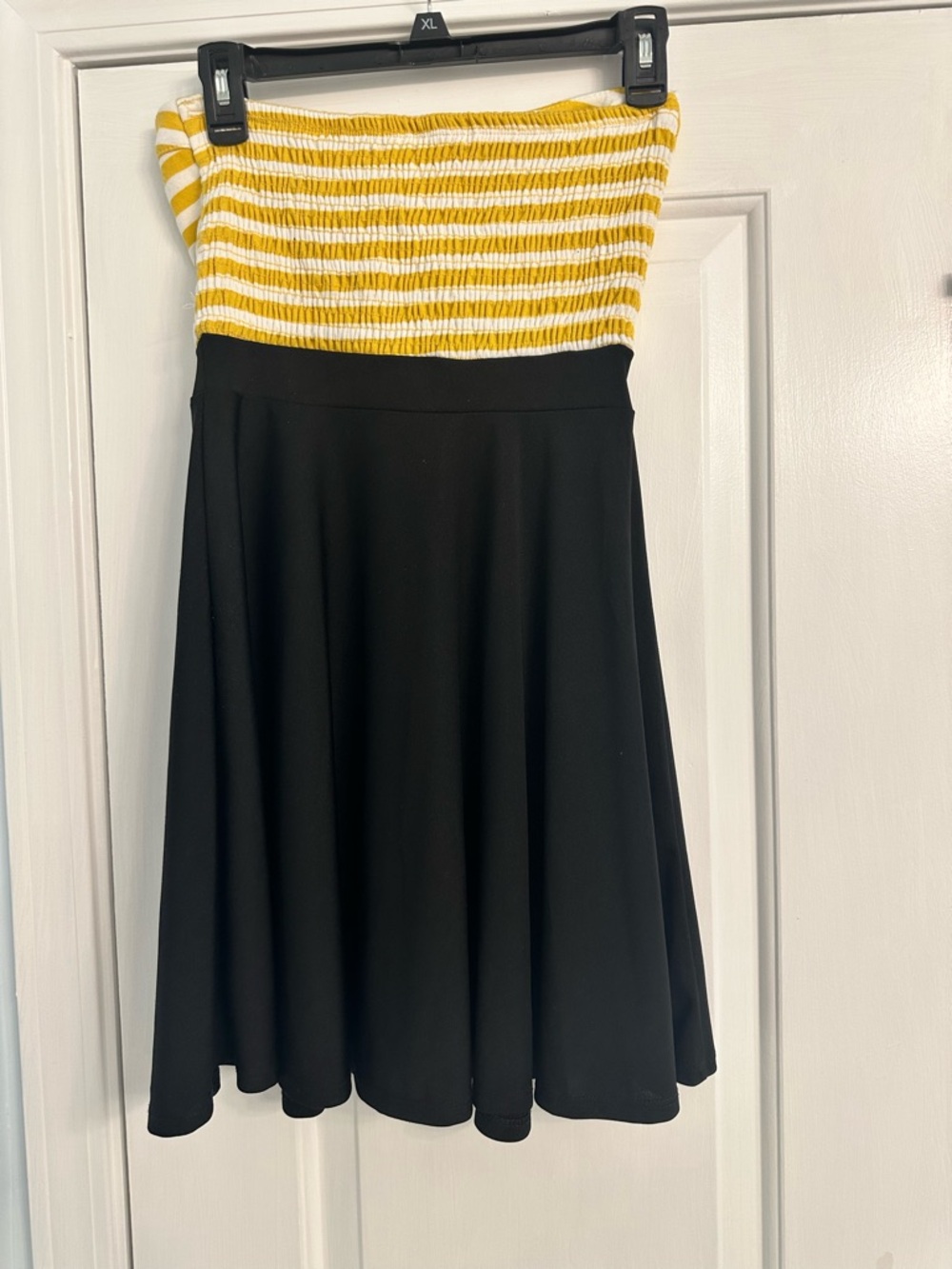Strapless Fit Flare Dress Black Skirt Yellow Stripe Top Mini Size S - Picture 7 of 7